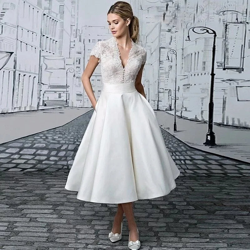 Ball-Gown V-Neck Short Sleeves Tea-Length Lace/Satin Wedding Dresses