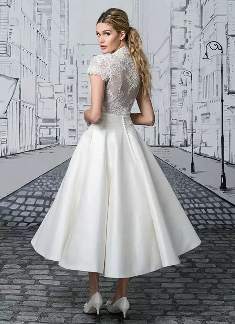 Ball-Gown V-Neck Short Sleeves Tea-Length Lace/Satin Wedding Dresses