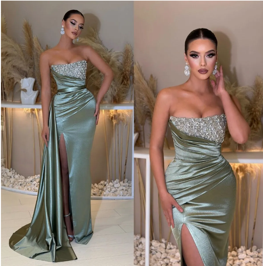 Elegant Green Prom Dresses Strapless Party Evening Dress Pleats Thigh Slit Formal Long Special Occasion dress