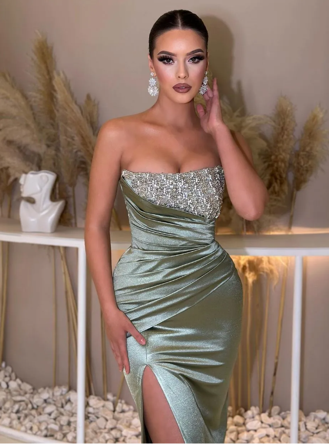 Elegant Green Prom Dresses Strapless Party Evening Dress Pleats Thigh Slit Formal Long Special Occasion dress
