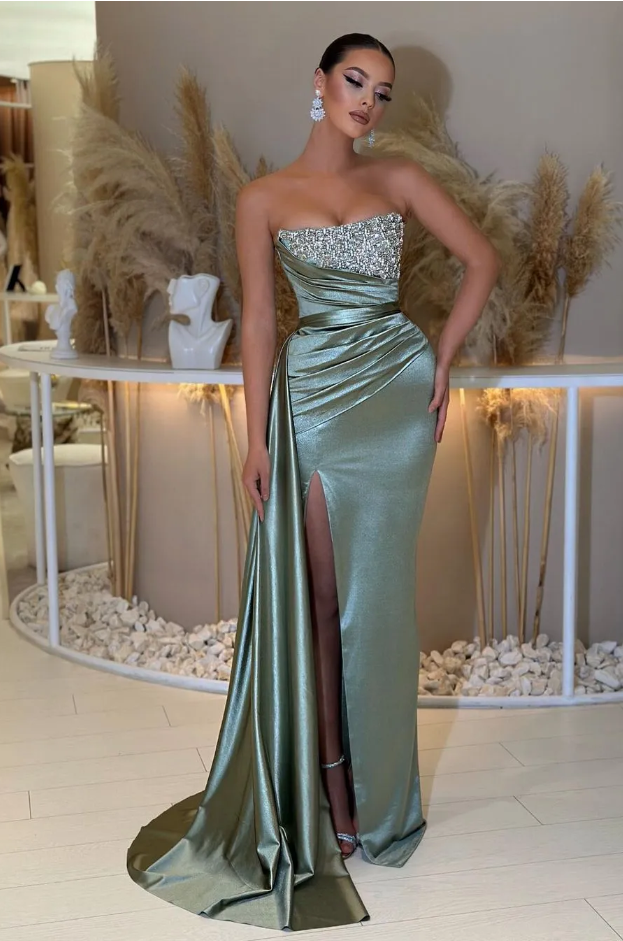 Elegant Green Prom Dresses Strapless Party Evening Dress Pleats Thigh Slit Formal Long Special Occasion dress