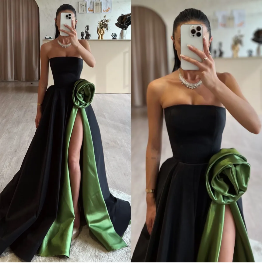 Stunning black green Prom Dress a line strapless satin prom dresses front split ruched train backless formal evening dresses elegant