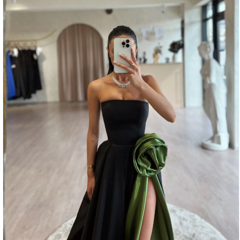 Stunning black green Prom Dress a line strapless satin prom dresses front split ruched train backless formal evening dresses elegant