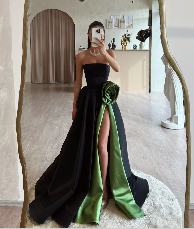 Stunning black green Prom Dress a line strapless satin prom dresses front split ruched train backless formal evening dresses elegant