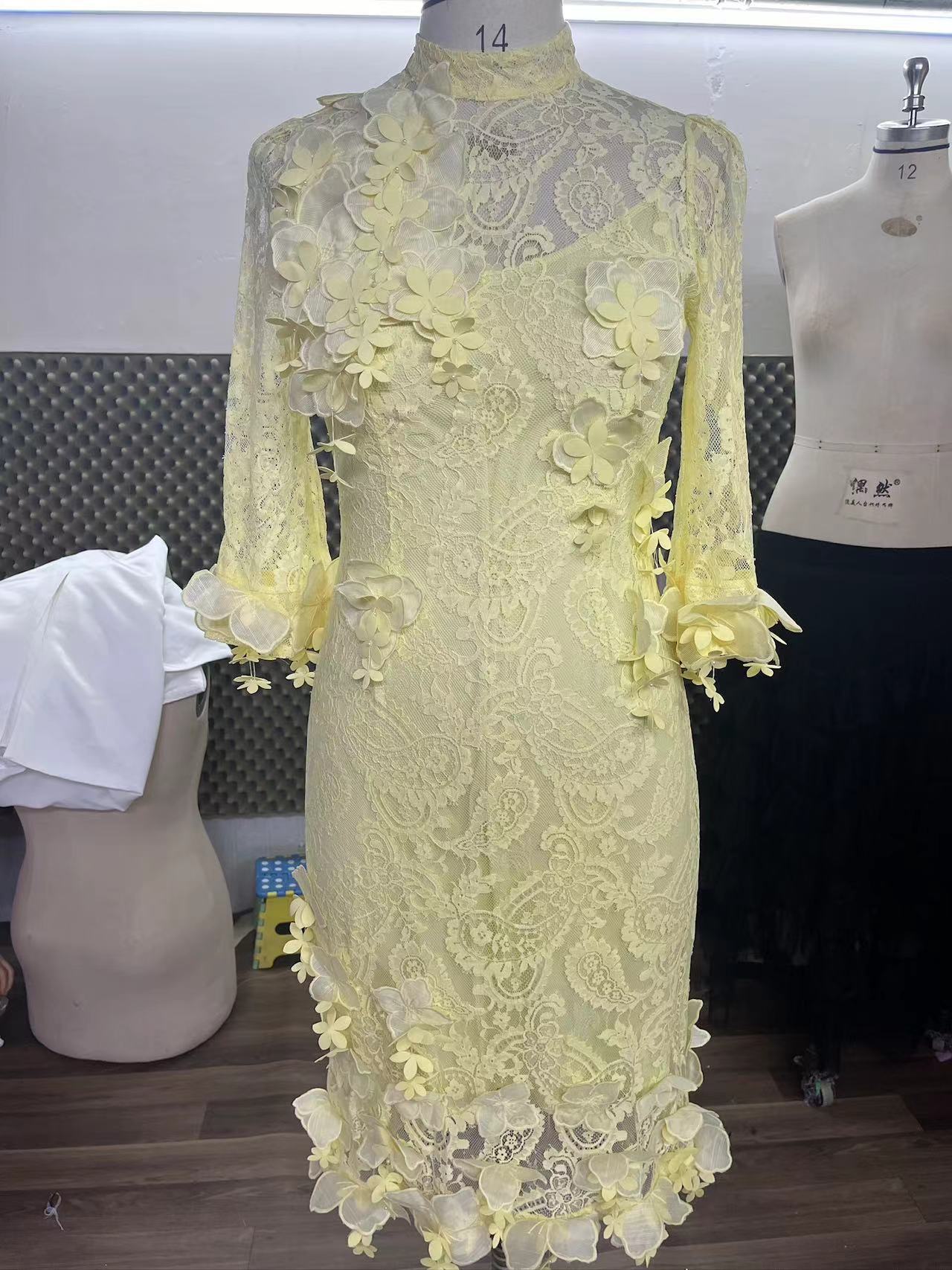 Yellow three piece lace 3D three-dimensional floral high neck long sleeved side swept ball skirt
