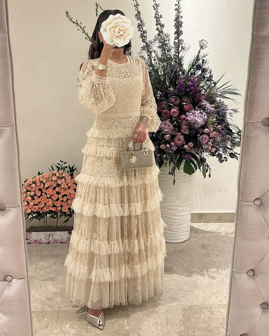 Long Sleeves O-Neck Lace Floor Length Pleated Party Dresses Evening Dresses 