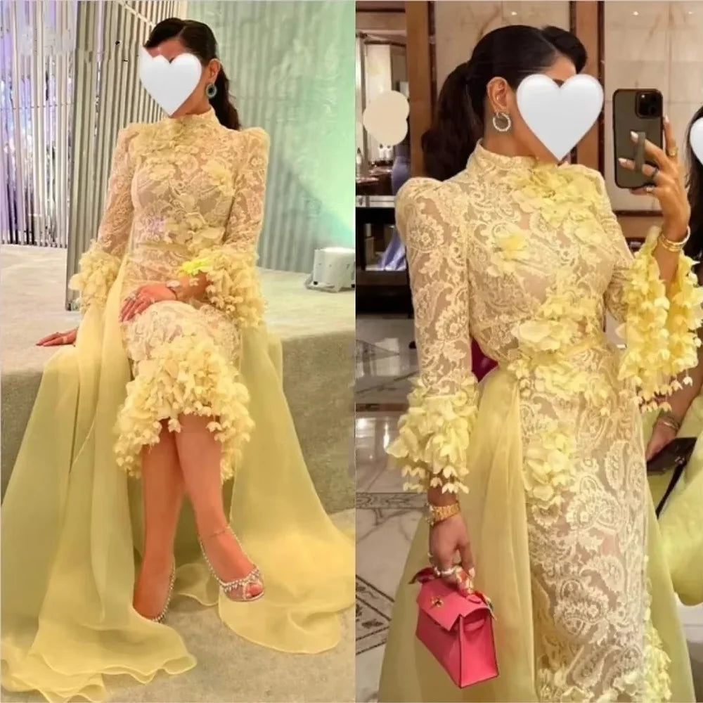 Yellow three piece lace 3D three-dimensional floral high neck long sleeved side swept ball skirt