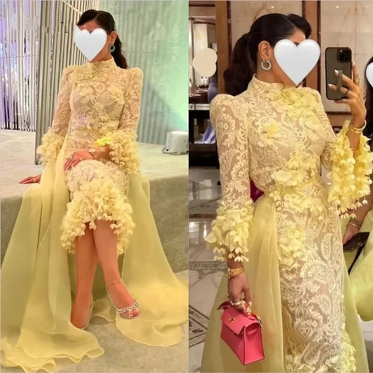 Yellow three piece lace 3D three-dimensional floral high neck long sleeved side swept ball skirt